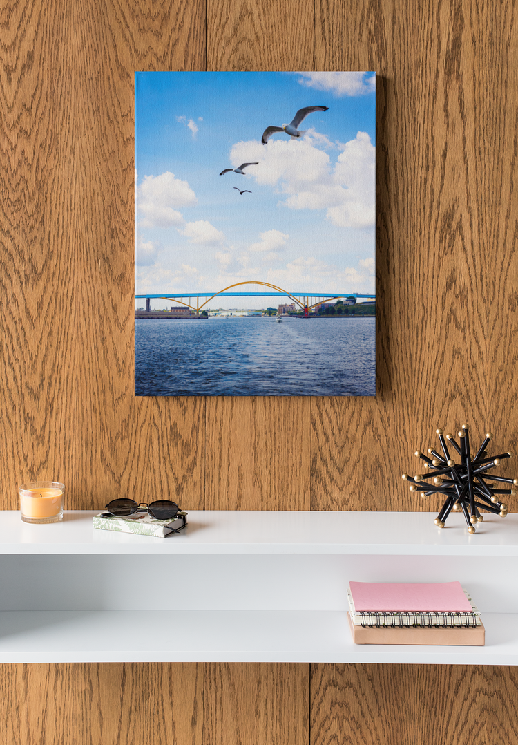 Photograph of Milwaukee Wisconsin's Hoan Bridge with 3 seagulls flying overhead, on the Milwaukee River.