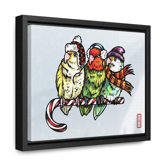 3 Lovebirds with Winter Wear & Perched on a Candy Cane, Framed Canvas Wrap Wall Art