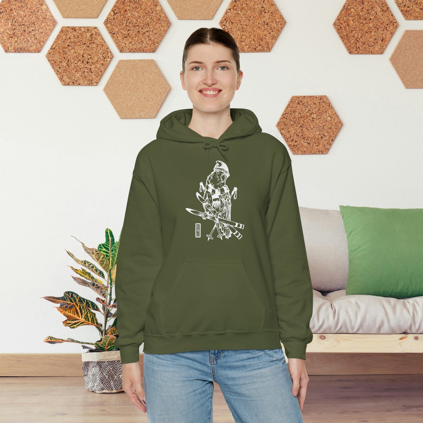 Lovebird Goes Skiing, Line Art Hoodie