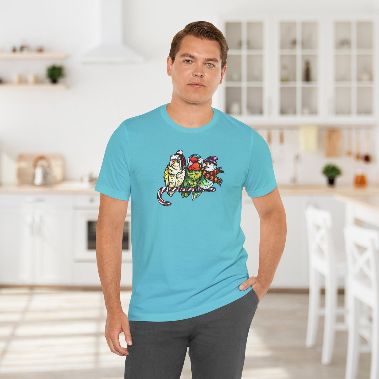 3 Lovebirds in Winter Wear & Perched on a Candy Cane, Tee