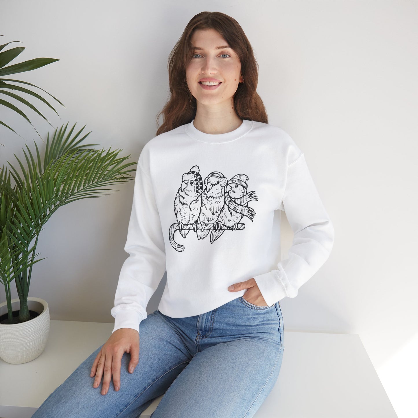 3 Lovebirds with Winter Wear & Perched on a Candy Cane, Line Art Crew Neck Sweatshirt