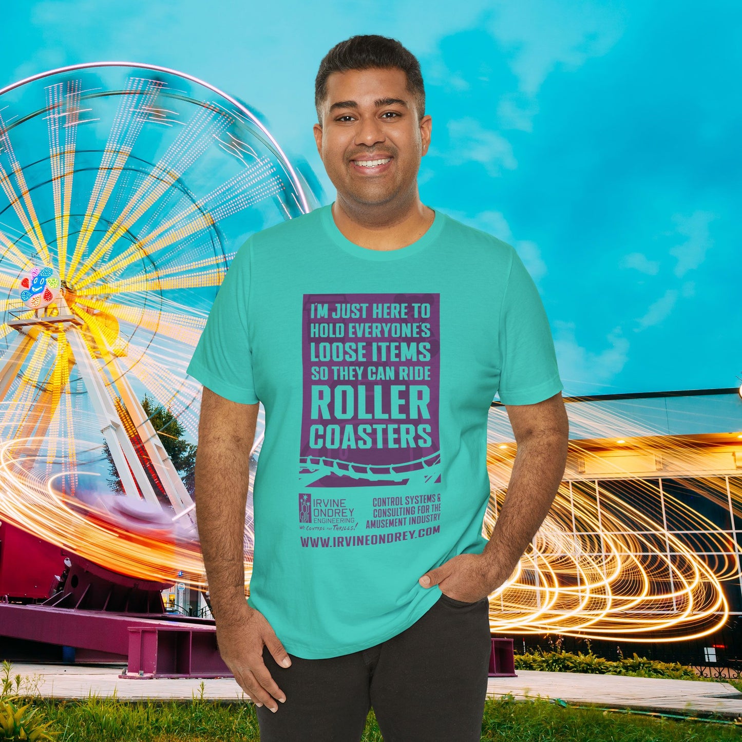 I'm Just Here to Hold My Group's Loose Items So They Can Ride Roller Coasters Tee (FRONT graphic) • Irvine Ondrey Engineering