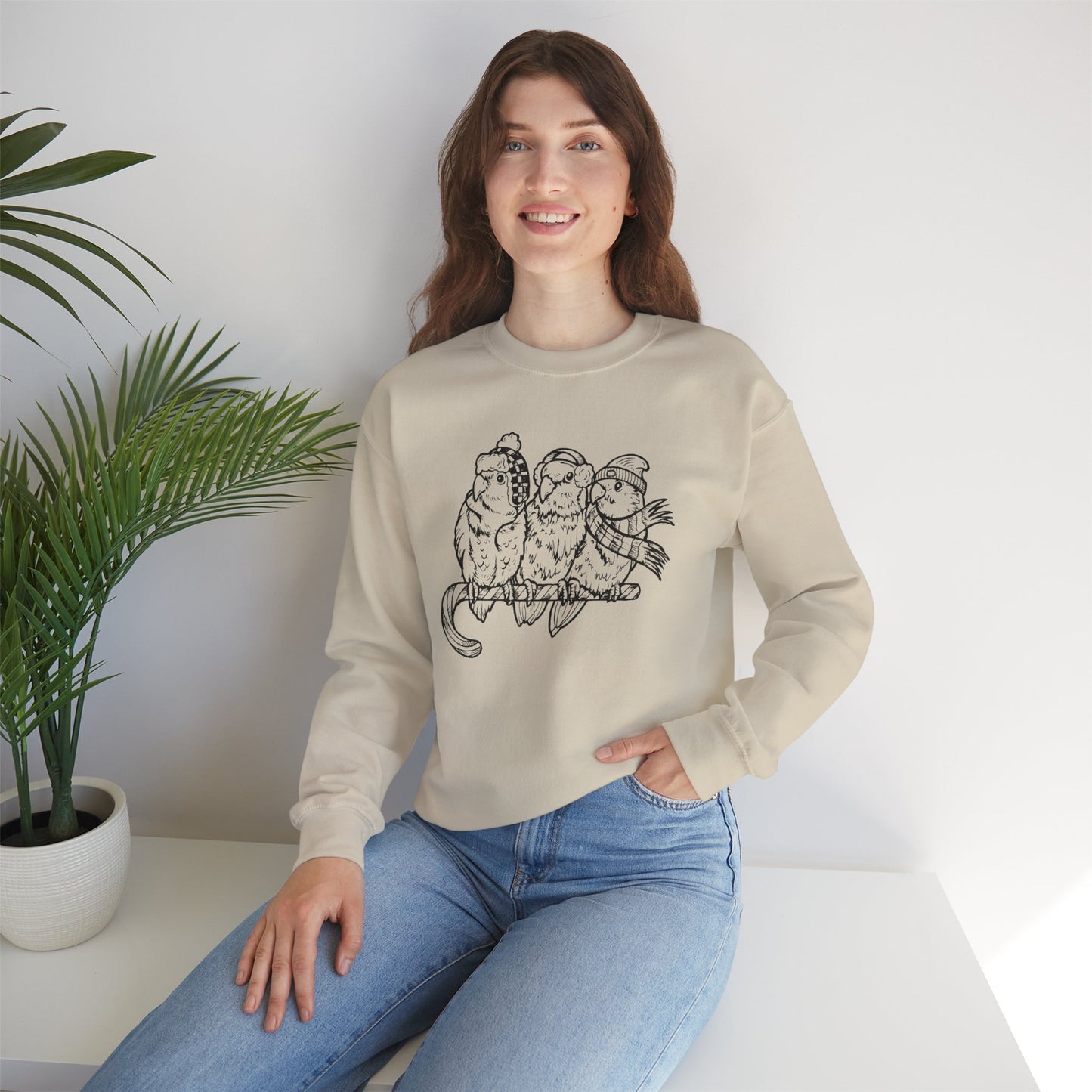 3 Lovebirds with Winter Wear & Perched on a Candy Cane, Line Art Crew Neck Sweatshirt