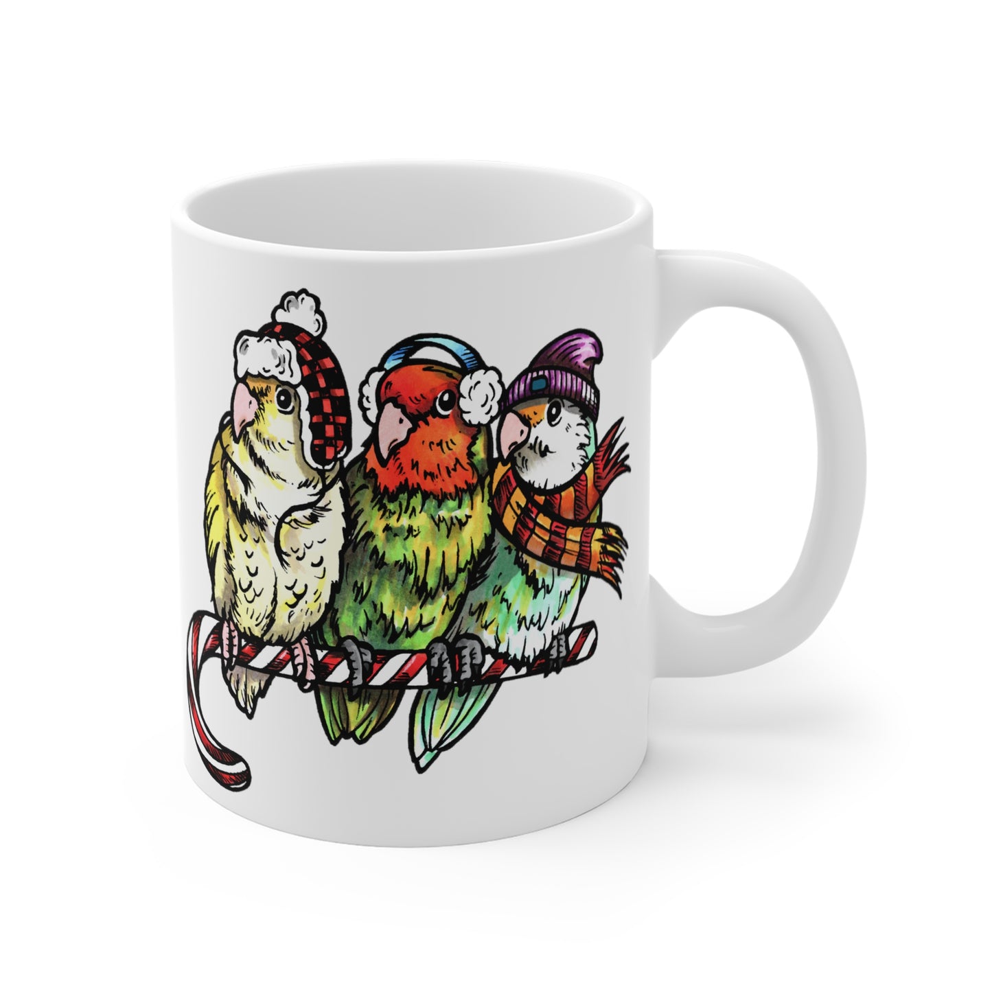 3 tortolitos con ropa de invierno y posados en un bastón de caramelo, taza de 11 oz o 15 oz