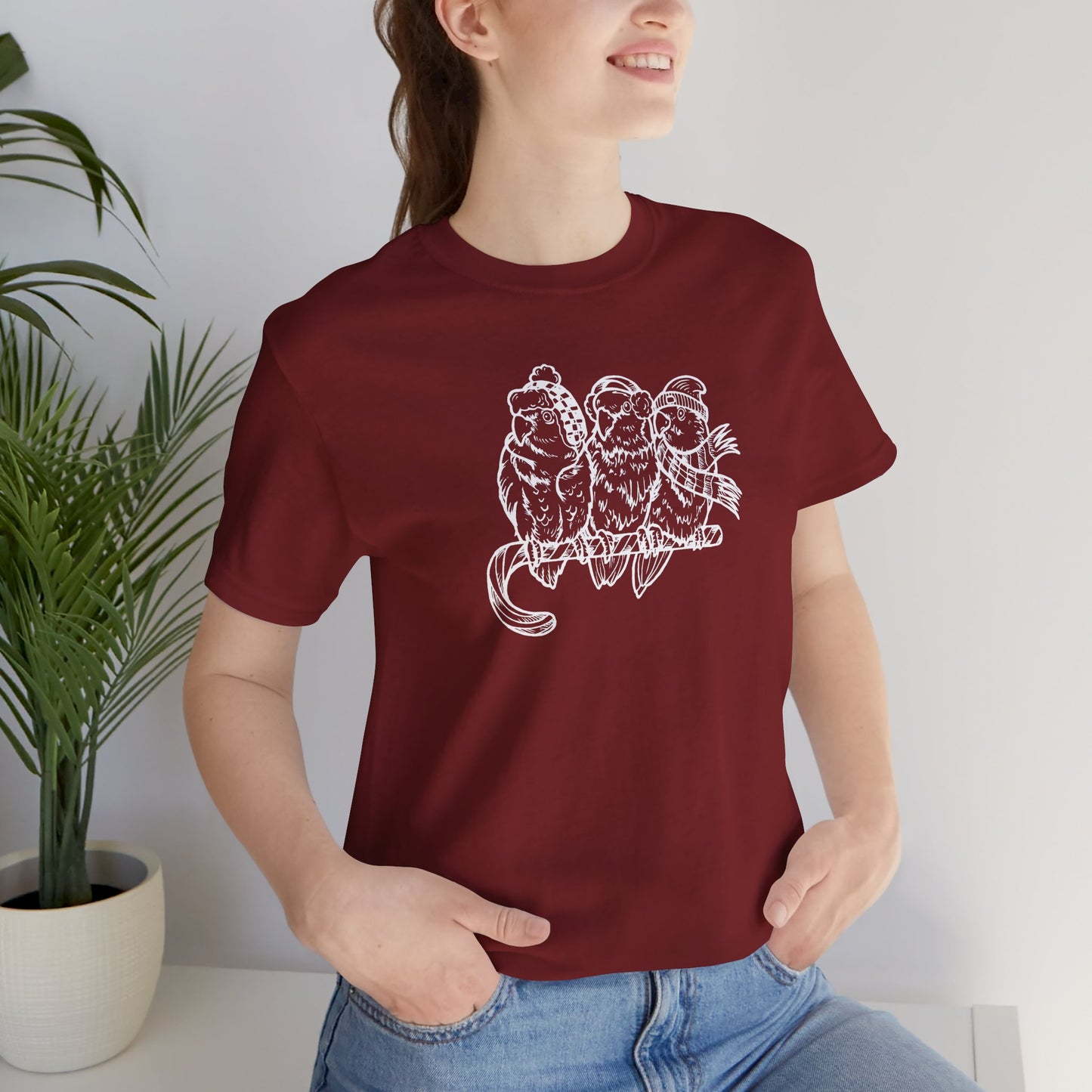 3 Lovebirds in Winter Wear & Perched on a Candy Cane, Line Art Tee