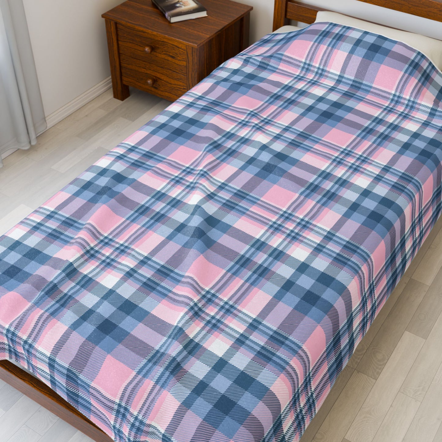 Baby Blue & Pink Plaid Velveteen Plush Blanket
