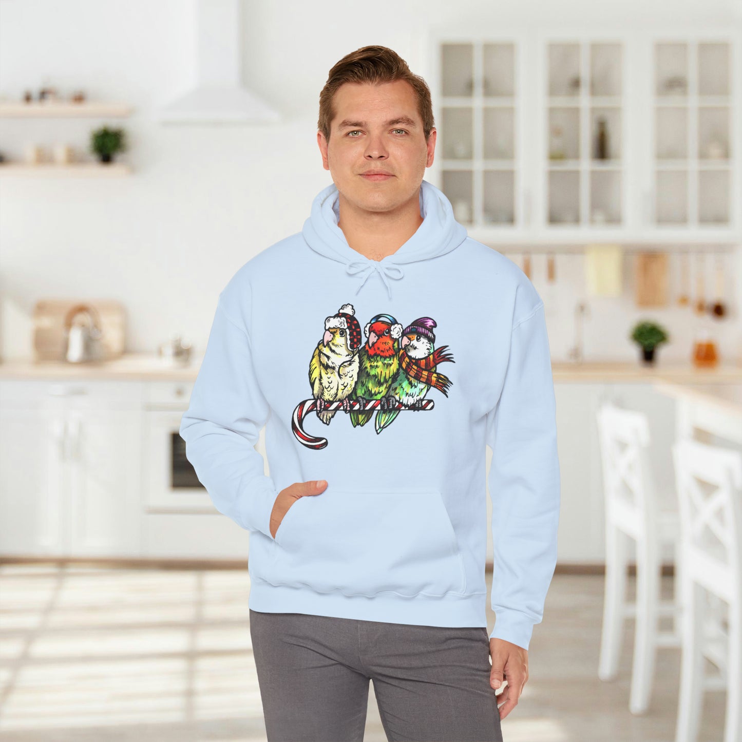3 Lovebirds with Winter Wear & Perched on a Candy Cane Hoodie