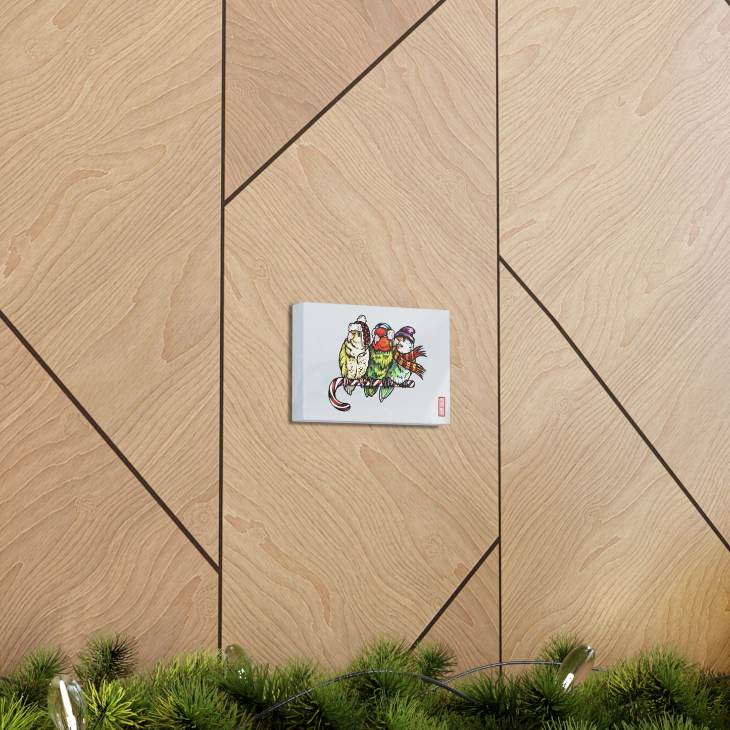 3 Lovebirds with Winter Wear & Perched on a Candy Cane, Canvas Wrap Wall Art