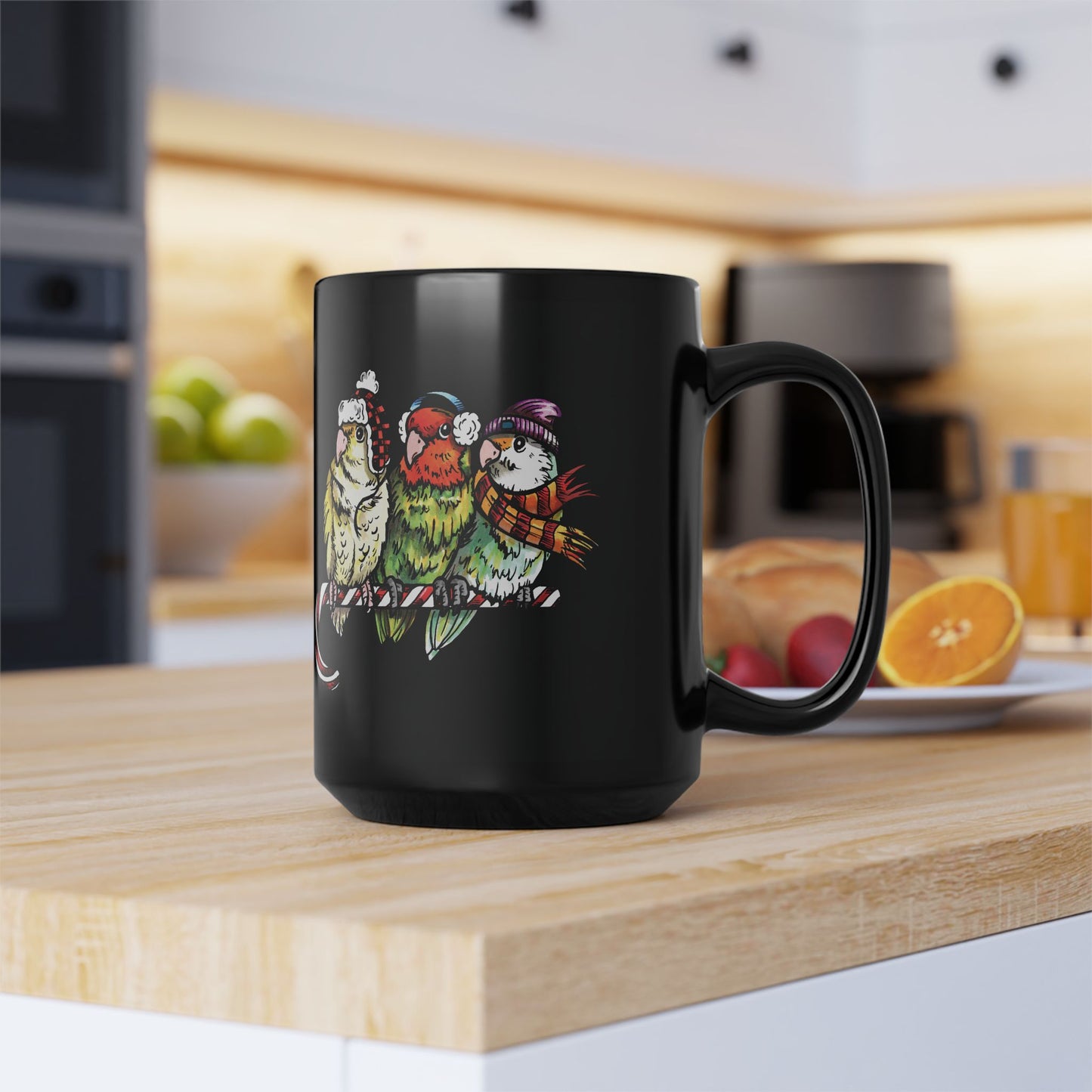 3 Lovebirds With Winter Wear & Perched on a Candy Cane, 11oz or 15oz Mug