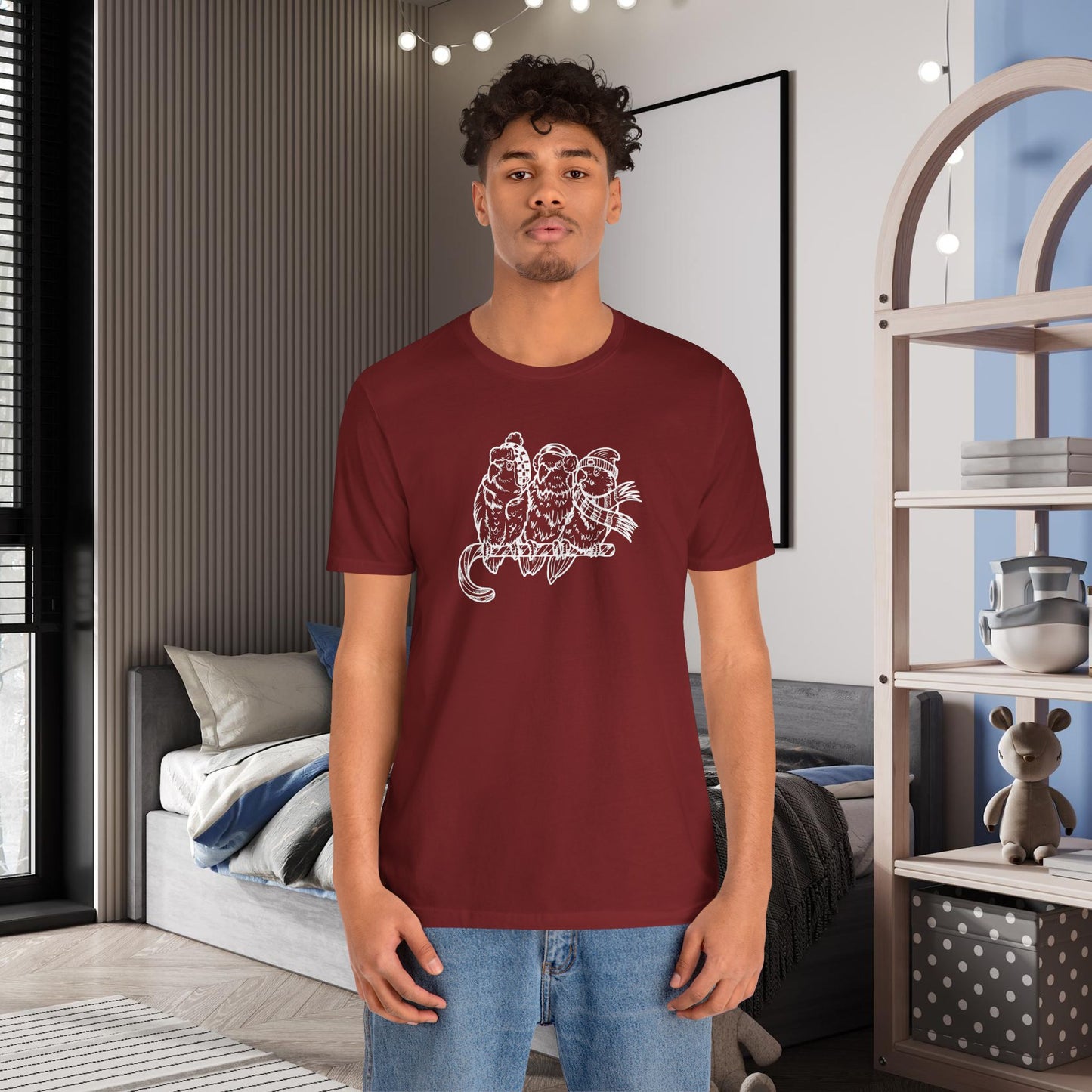 3 Lovebirds in Winter Wear & Perched on a Candy Cane, Line Art Tee