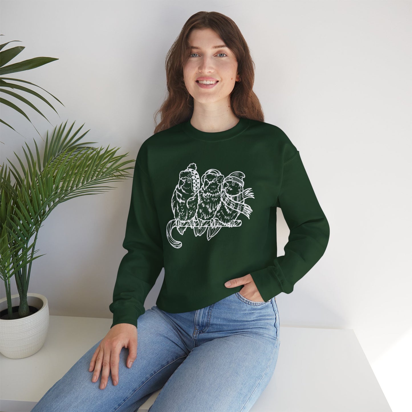 3 Lovebirds with Winter Wear & Perched on a Candy Cane, Line Art Crew Neck Sweatshirt