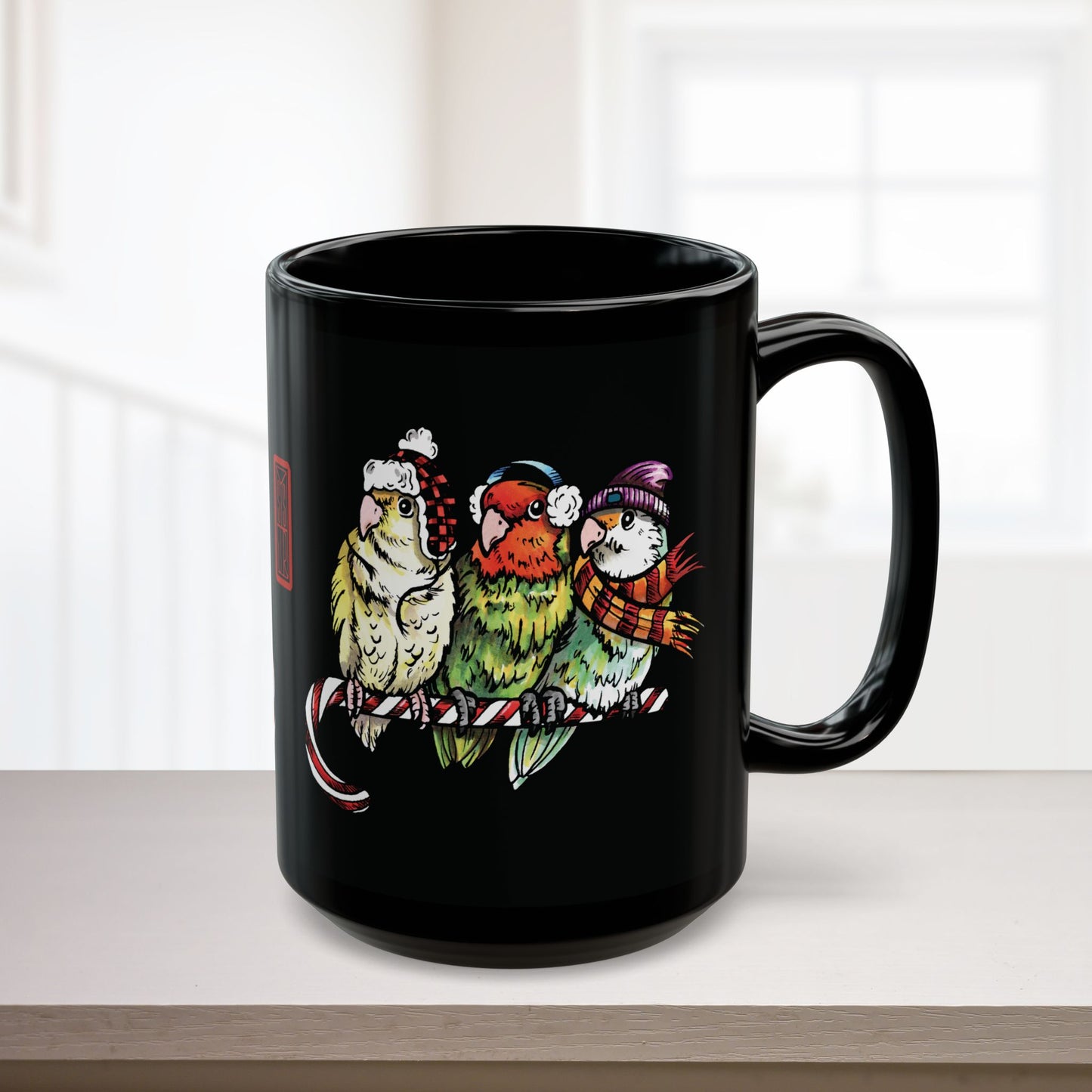 3 Lovebirds With Winter Wear & Perched on a Candy Cane, 11oz or 15oz Mug