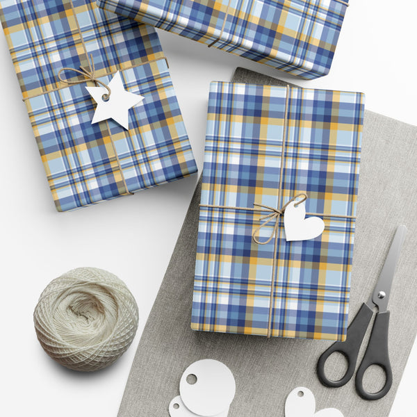 29'' x 72" Satin Hannukah Blue, Light Blue, White & Gold Plaid Gift Wrapping Paper Roll