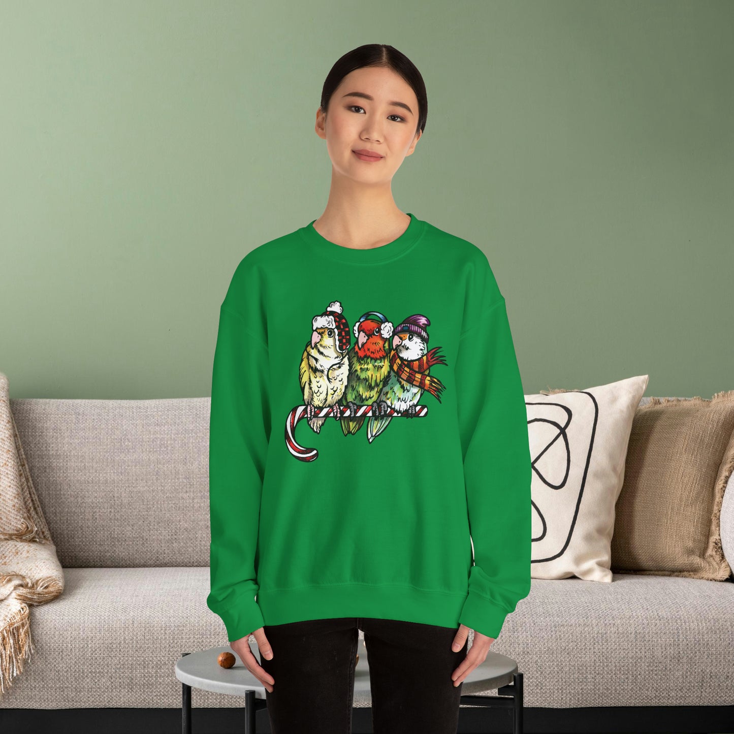 3 tourtereaux avec vêtements d’hiver et perchés sur une canne en bonbon, sweat-shirt à col rond