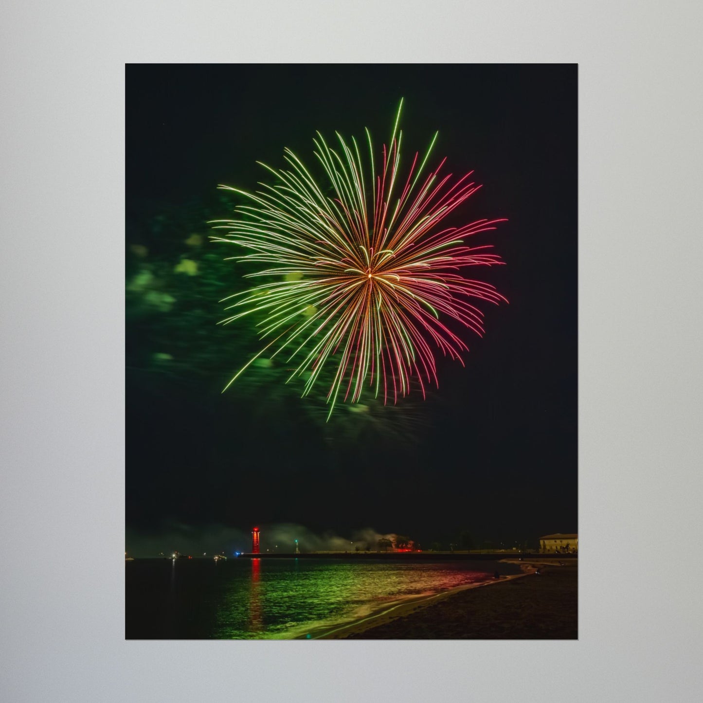 Green & Pink 4th of July Fireworks over Kenosha Pier Light Rolled Poster