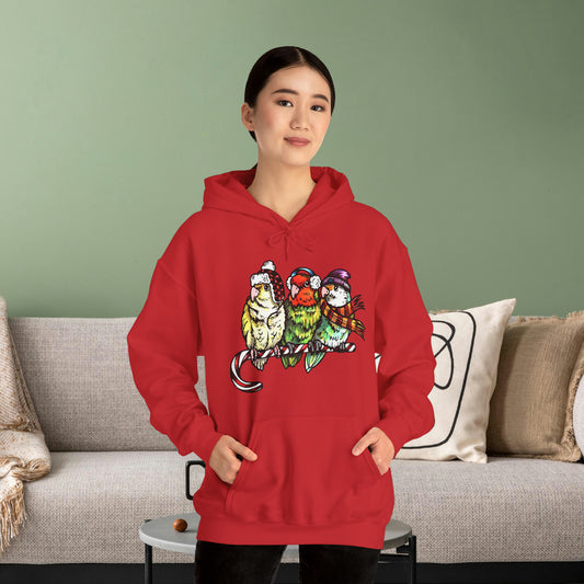 Red 3 Lovebirds with Winter Wear & Perched on a Candy Cane Hoodie