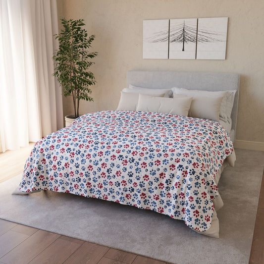 America U.S.A. Red, White & Blue Paw Prints Light Grey Fleece Sherpa Blanket