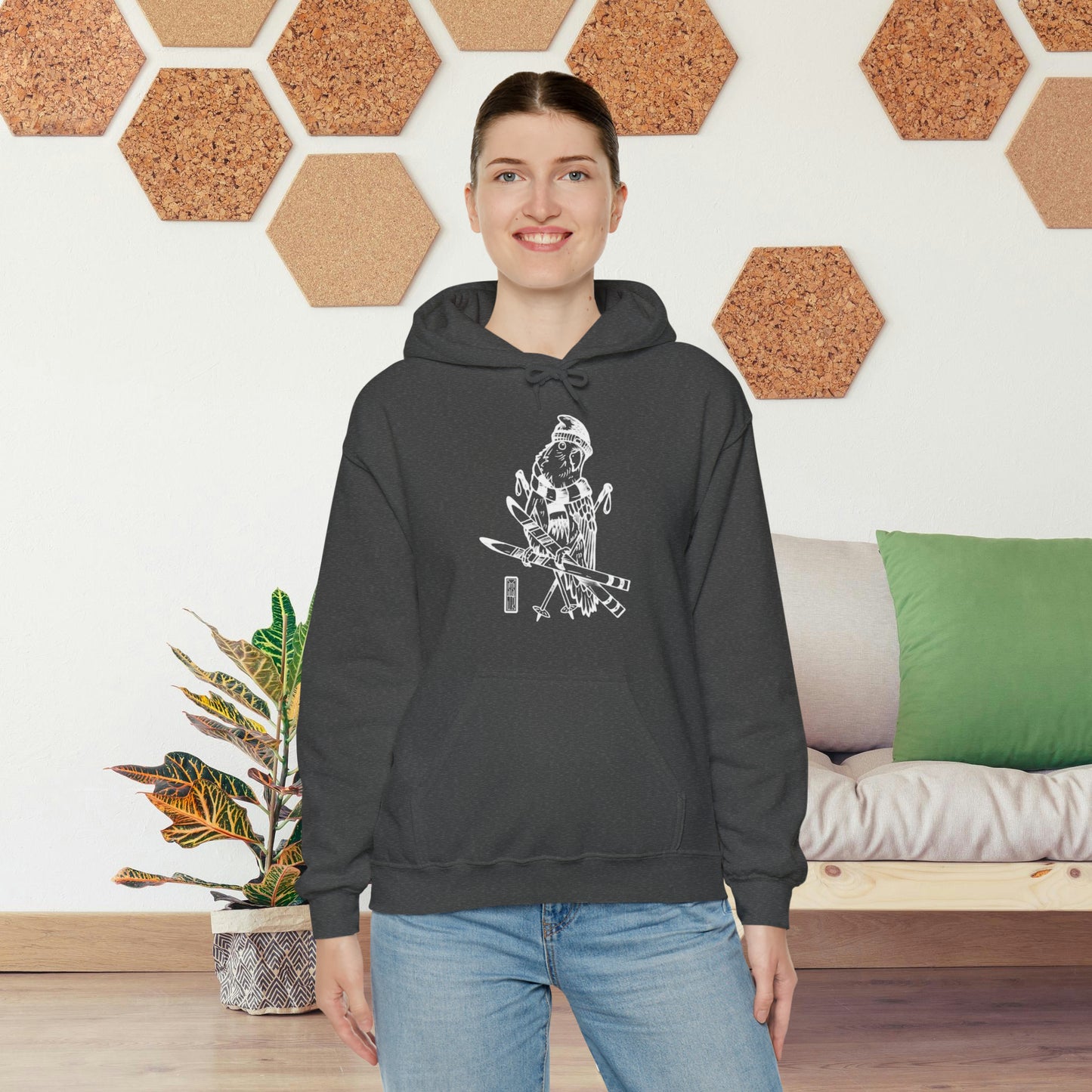 Lovebird Goes Skiing, Line Art Hoodie