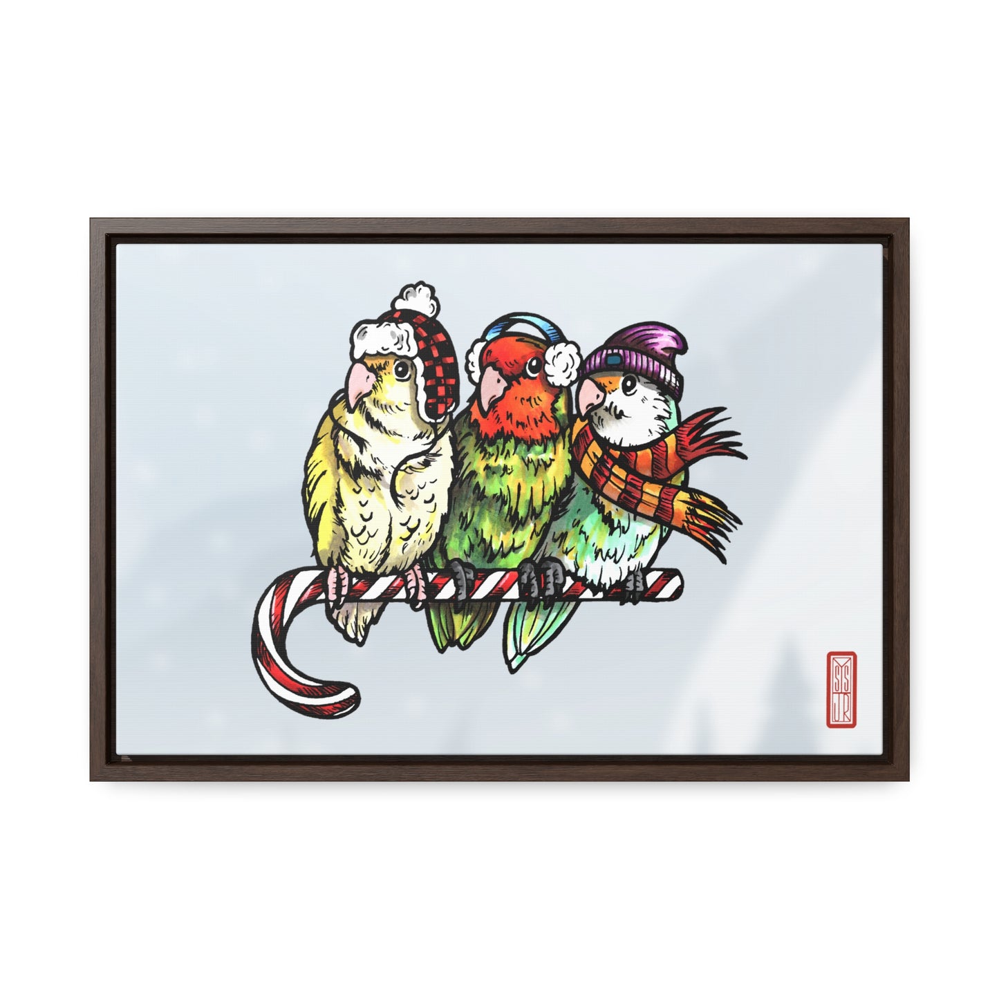 3 Lovebirds with Winter Wear & Perched on a Candy Cane, Framed Canvas Wrap Wall Art