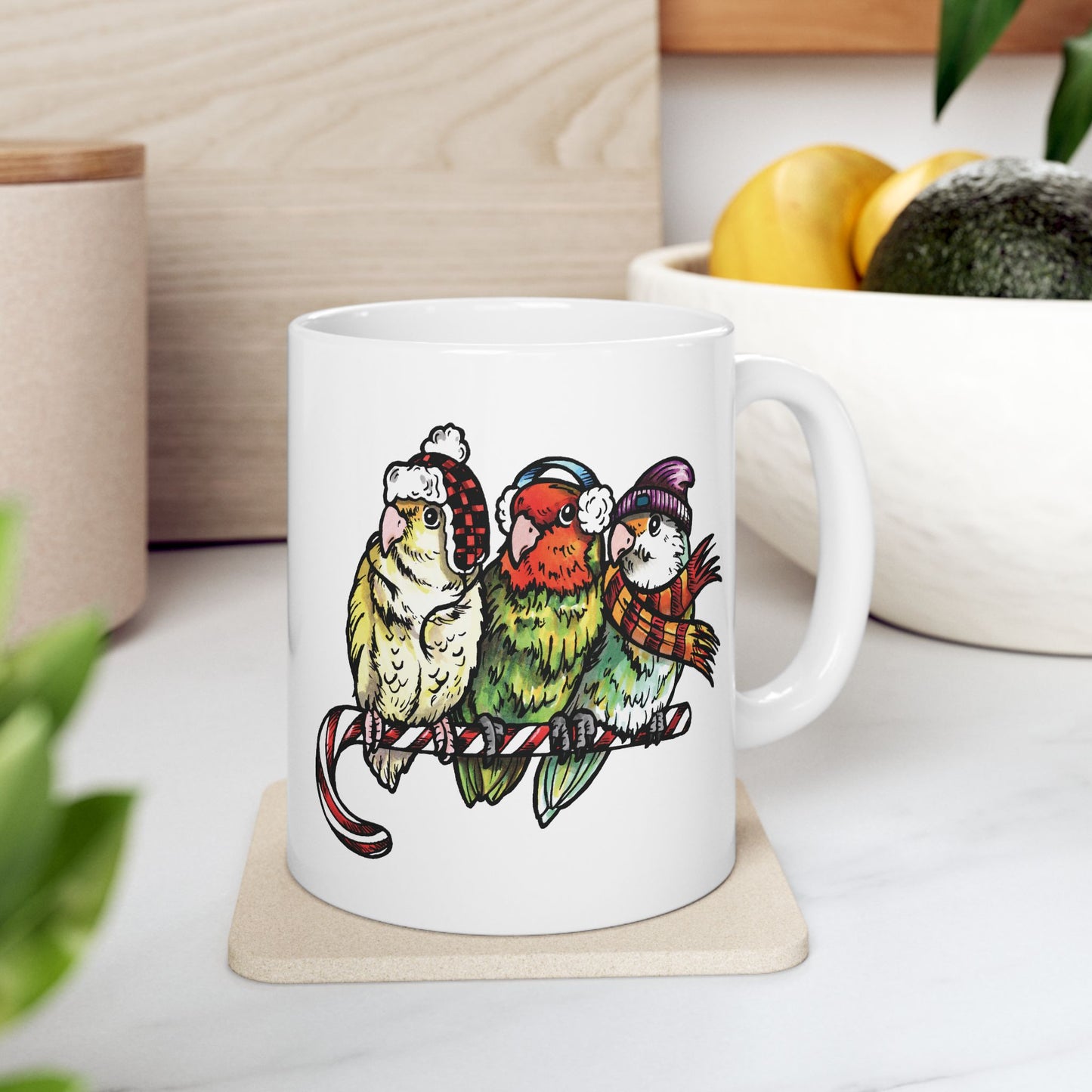3 Lovebirds With Winter Wear & Perched on a Candy Cane, 11oz or 15oz Mug