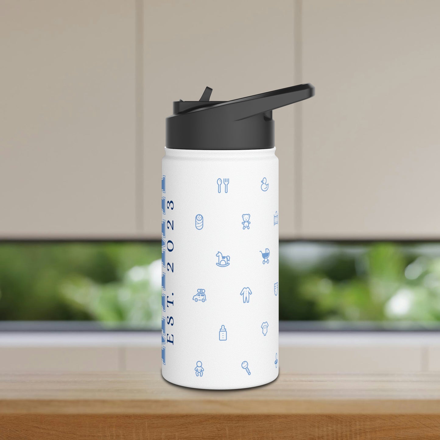 Boy Mama EST. 2023 Stainless-Steel Water Bottle with Built-In Straw, 12oz, 18oz & 32oz