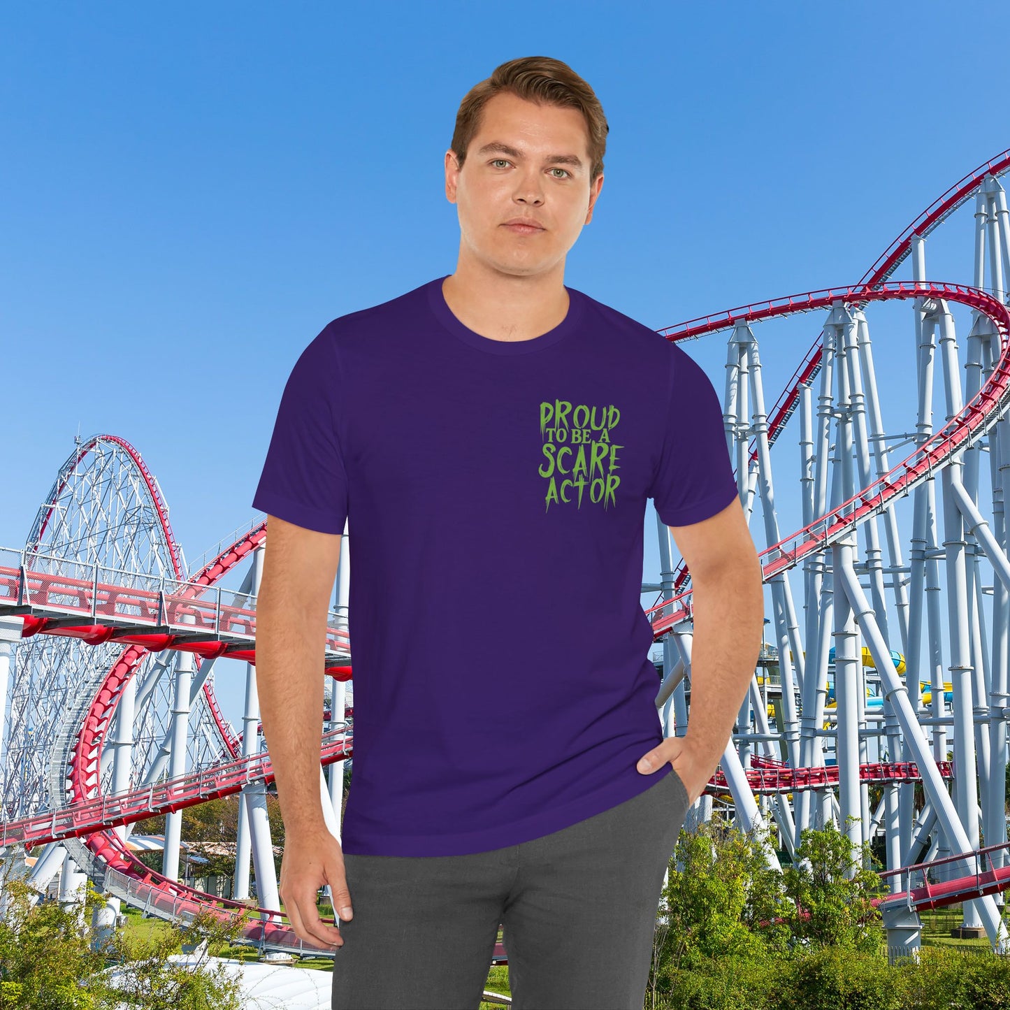 I Just Wanna Scare People & Ride Roller Coasters Tee / Proud Scare Actor (BACK graphic) • Irvine Ondrey Engineering