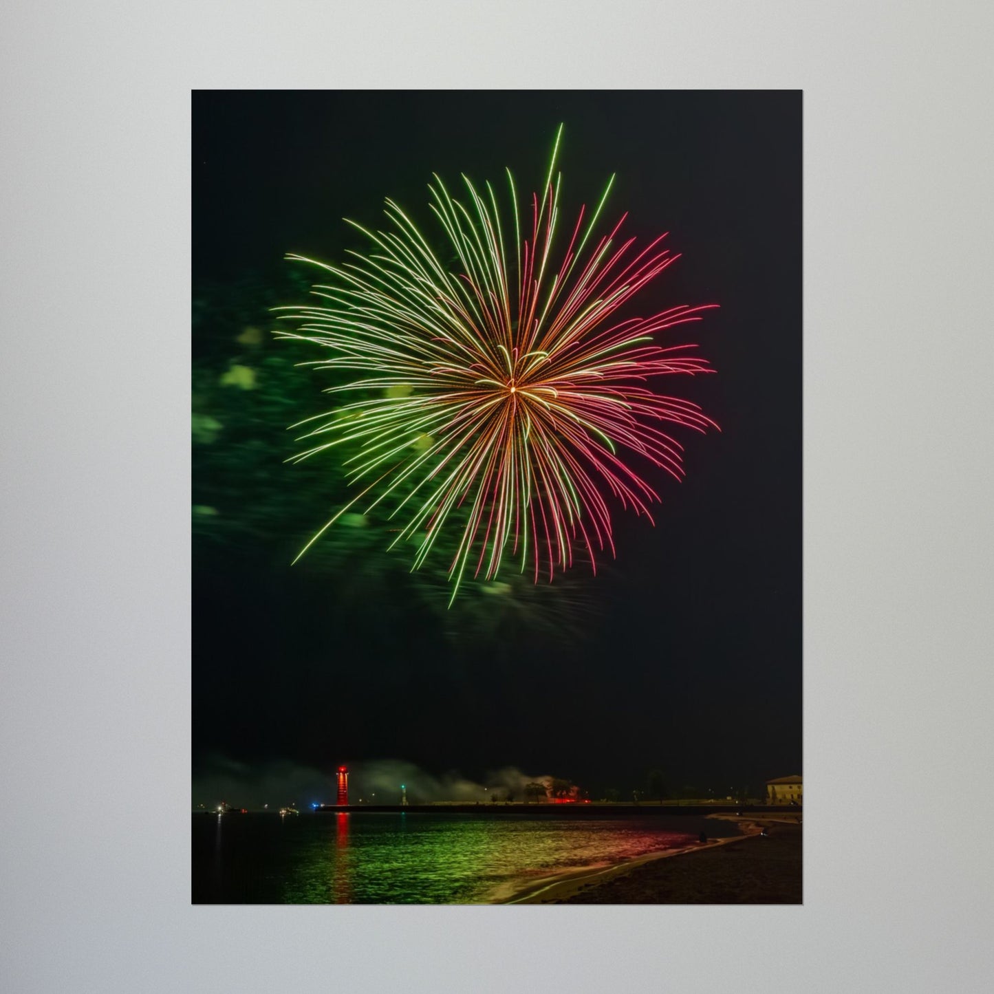Green & Pink 4th of July Fireworks over Kenosha Pier Light Rolled Poster