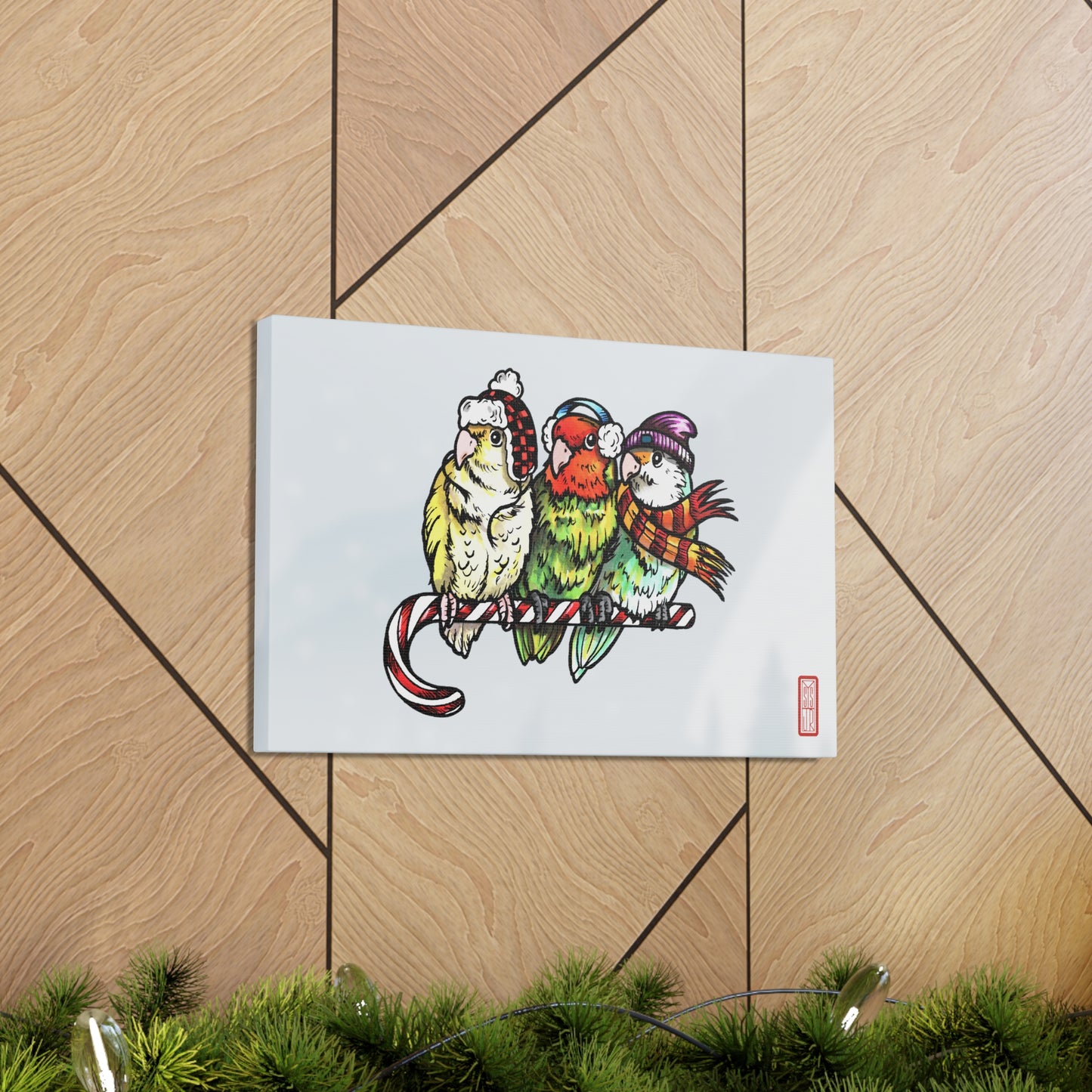3 Lovebirds with Winter Wear & Perched on a Candy Cane, Canvas Wrap Wall Art