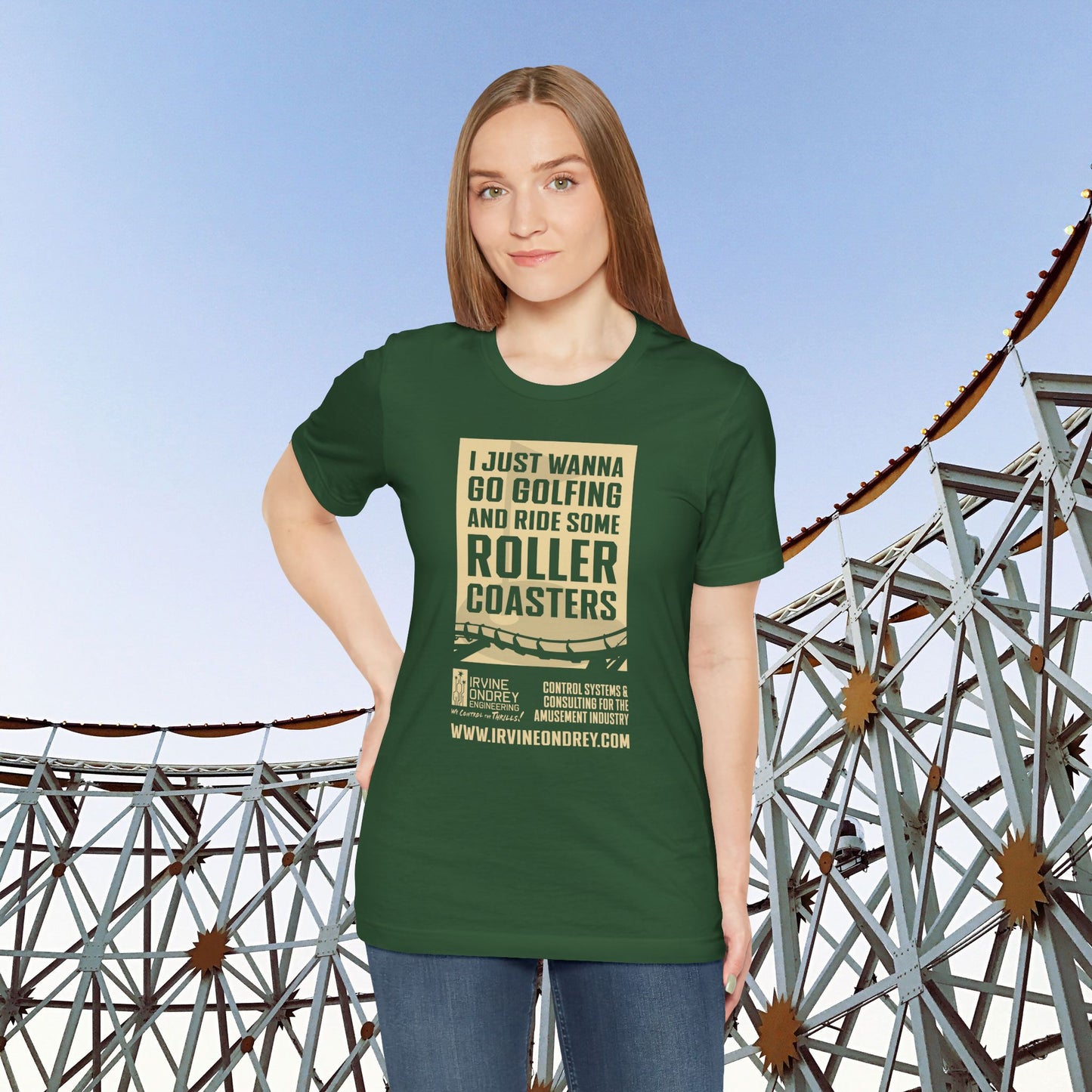 I Just Wanna Go Golfing & Ride Roller Coasters Tee (FRONT graphic) • Irvine Ondrey Engineering
