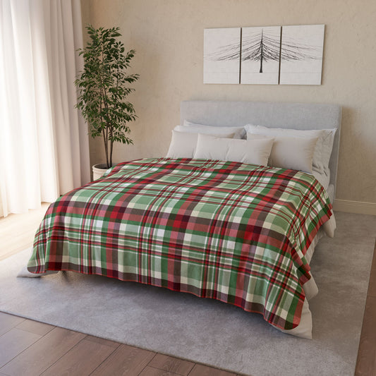 Christmas Red, Green & Cream Plaid Fleece Sherpa Blanket