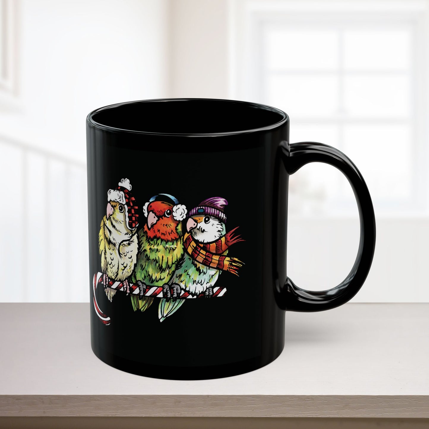 3 Lovebirds With Winter Wear & Perched on a Candy Cane, 11oz or 15oz Mug