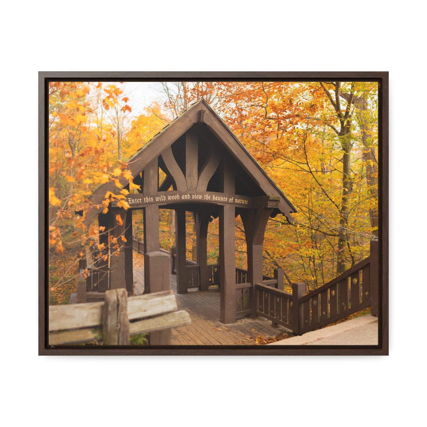 7 Bridges Trail’s Covered Bridge at Grant Park in South Milwaukee Wisconsin, Photography Framed Canvas Wrap Wall Art