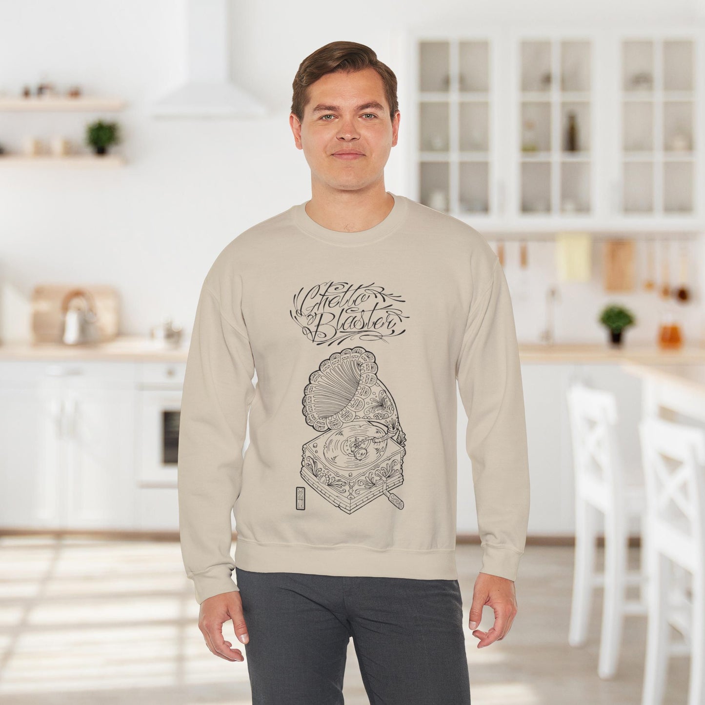 Ghetto Blaster, sudadera con cuello redondo y arte lineal