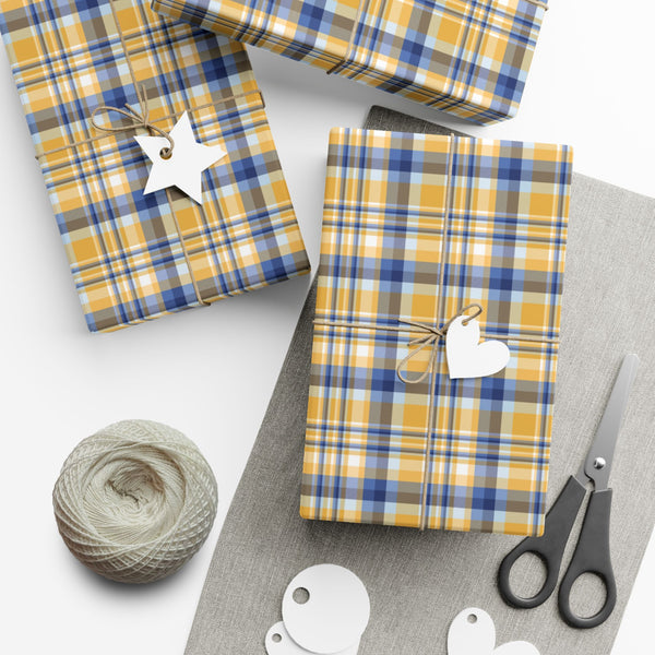 29'' x 72" Satin Hannukah Gold, Blues & White Plaid Gift Wrapping Paper Roll
