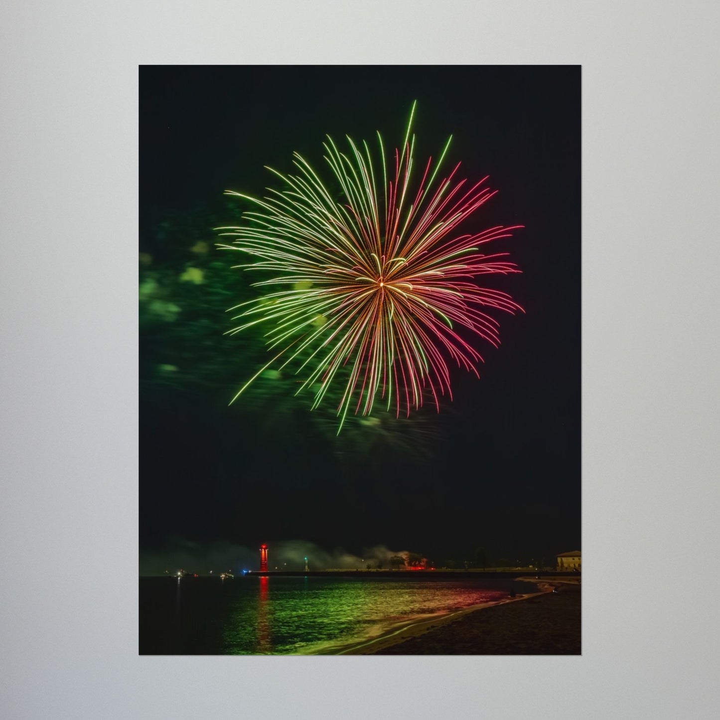 Green & Pink 4th of July Fireworks over Kenosha Pier Light Rolled Poster