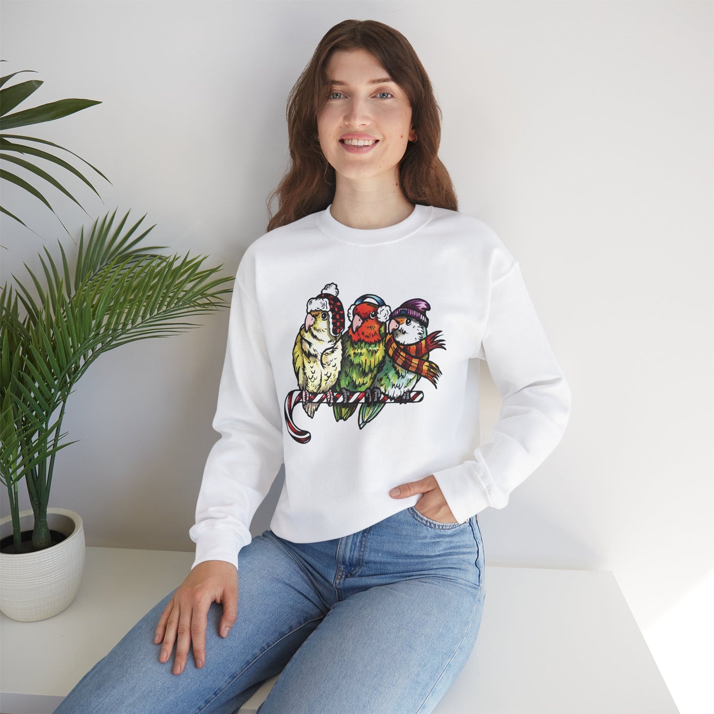 3 tourtereaux avec vêtements d’hiver et perchés sur une canne en bonbon, sweat-shirt à col rond