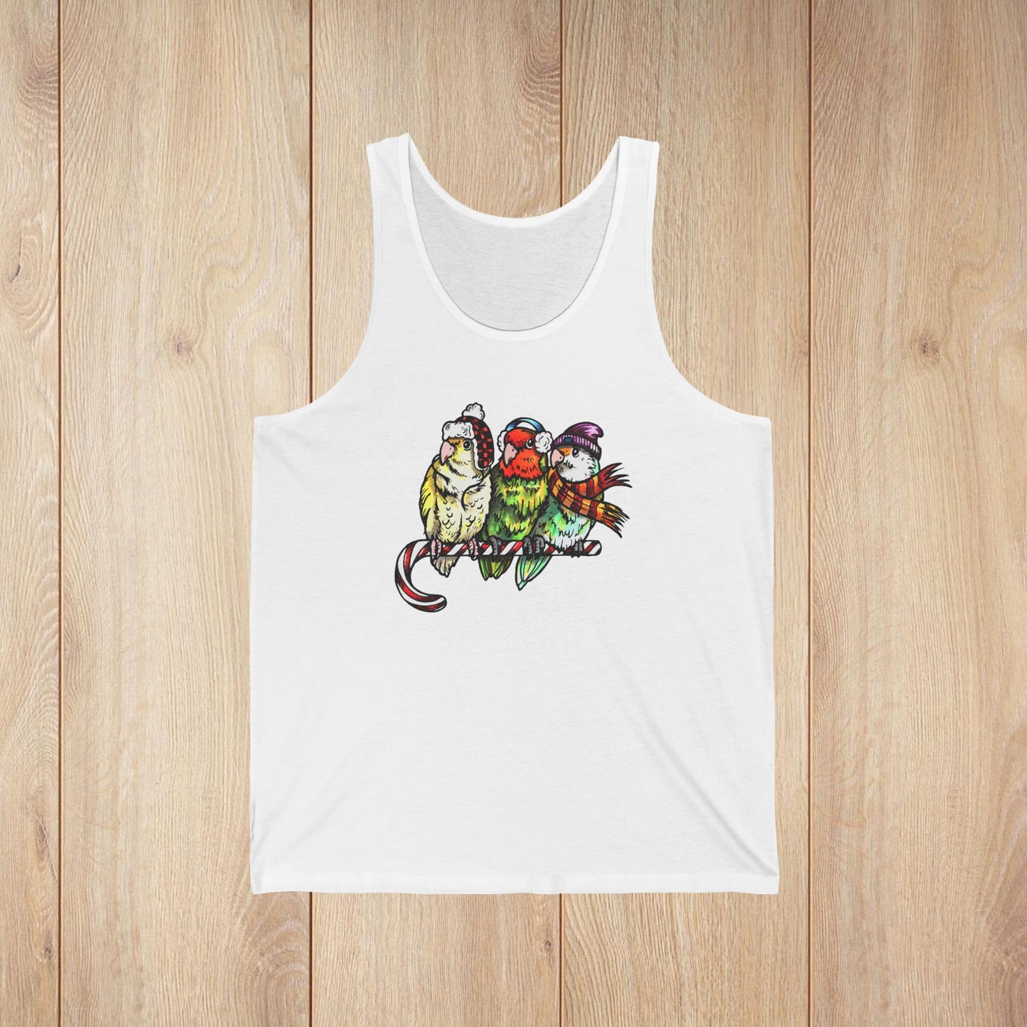 3 Lovebirds in Winter Wear & Perched on a Candy Cane, Unisex Jersey Tank Top