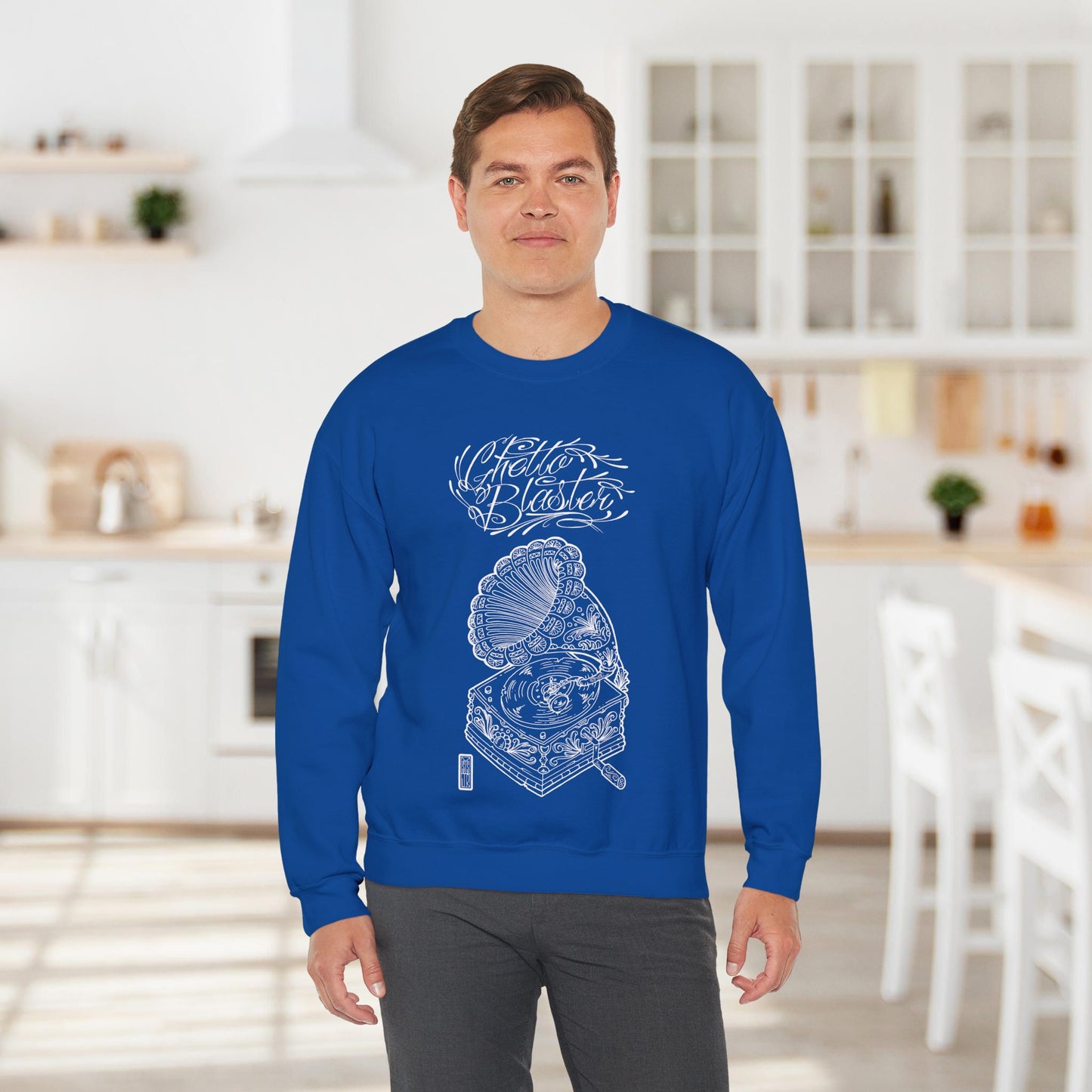 Ghetto Blaster, sudadera con cuello redondo y arte lineal