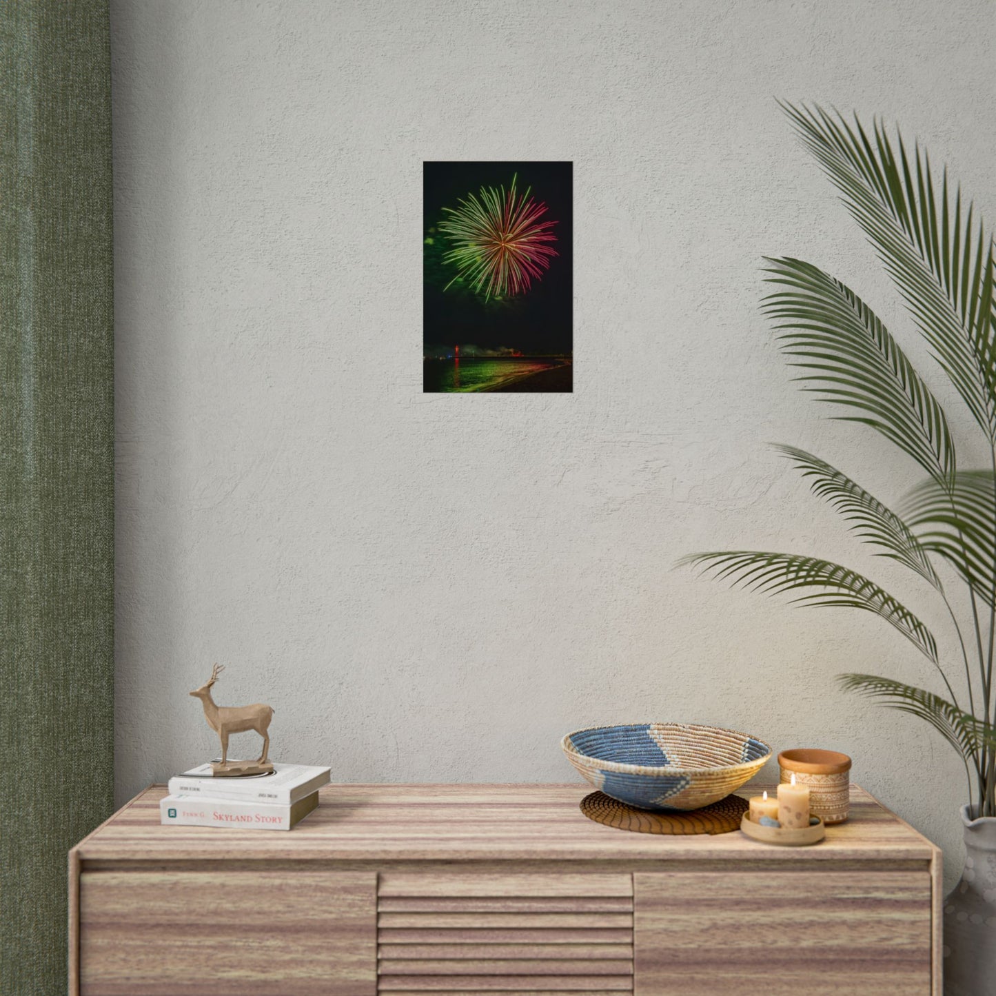 Green & Pink 4th of July Fireworks over Kenosha Pier Light Rolled Poster