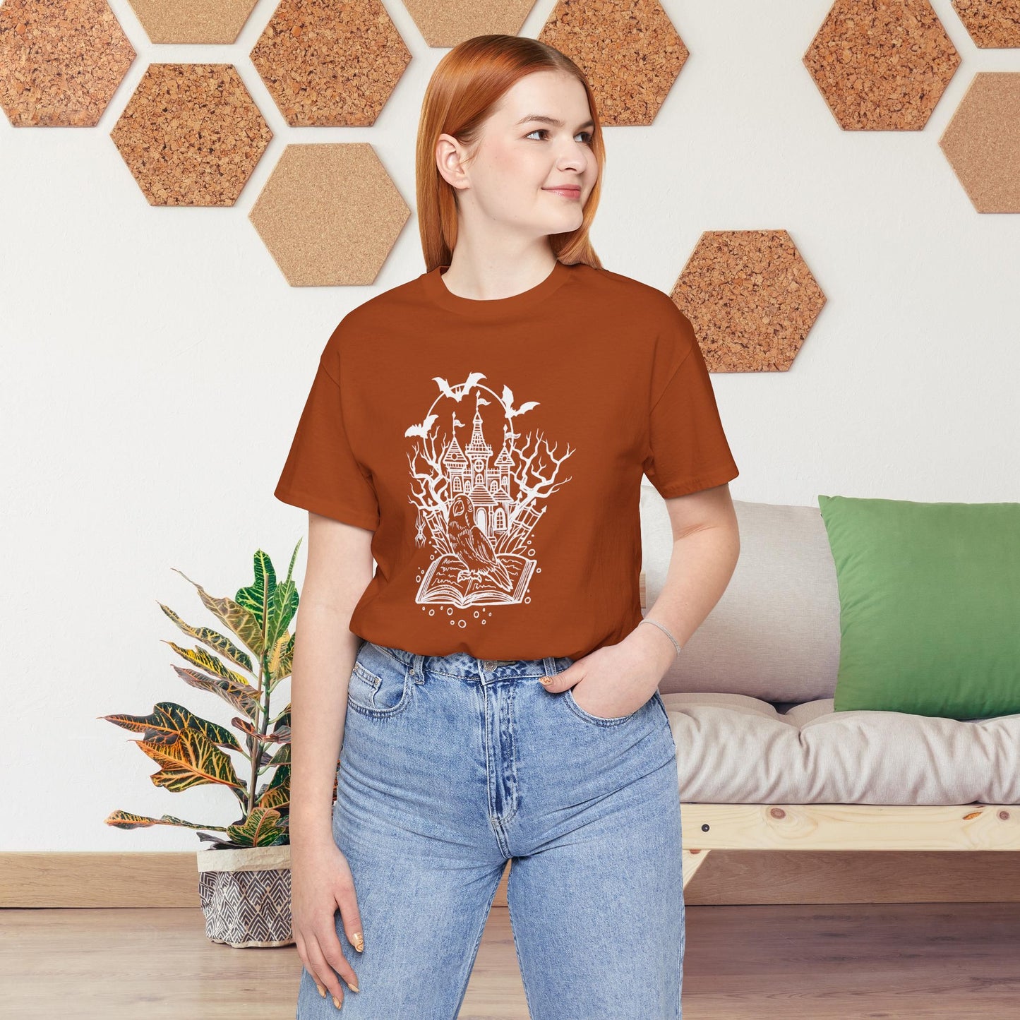 Lovebird on a Spell Book by a Haunted House, Line Art Tee