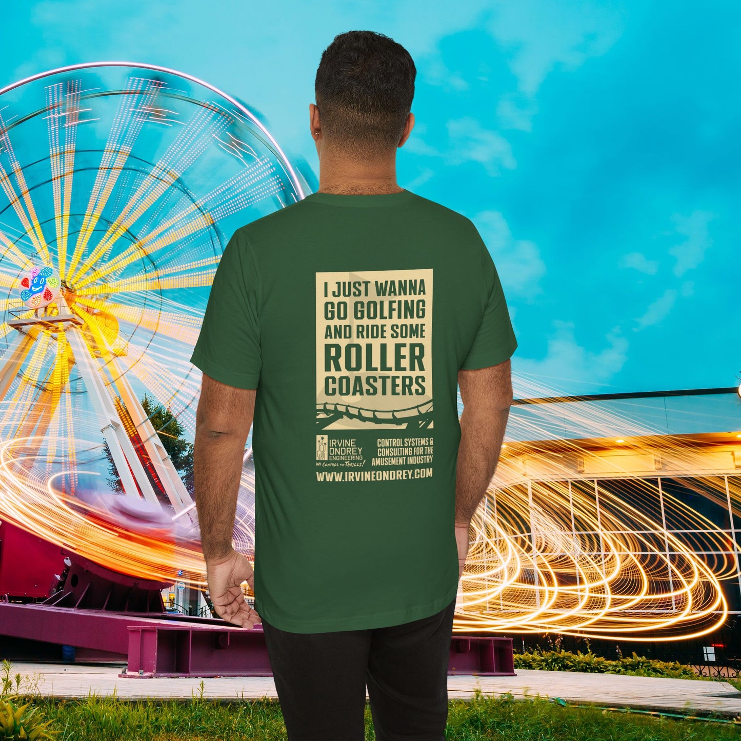 I Just Wanna Go Golfing & Ride Roller Coasters Tee (BACK graphic) • Irvine Ondrey Engineering