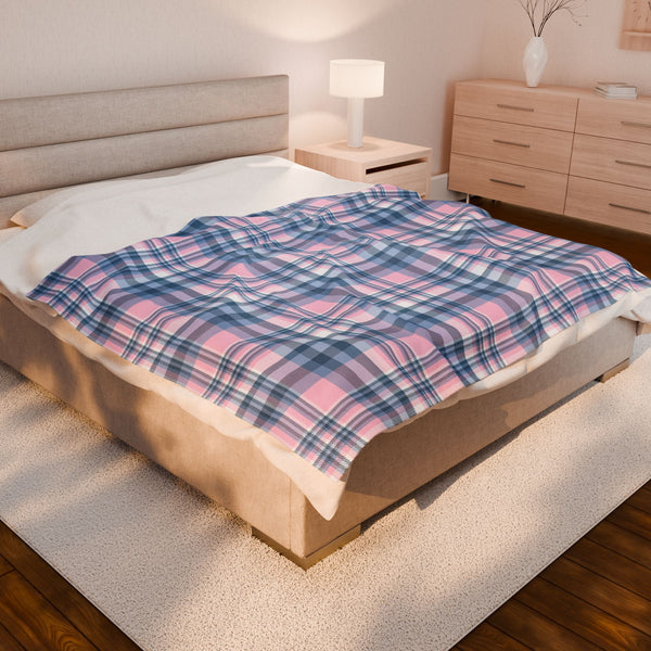 60" × 80" Baby Blue & Pink Plaid Velveteen Plush Blanket