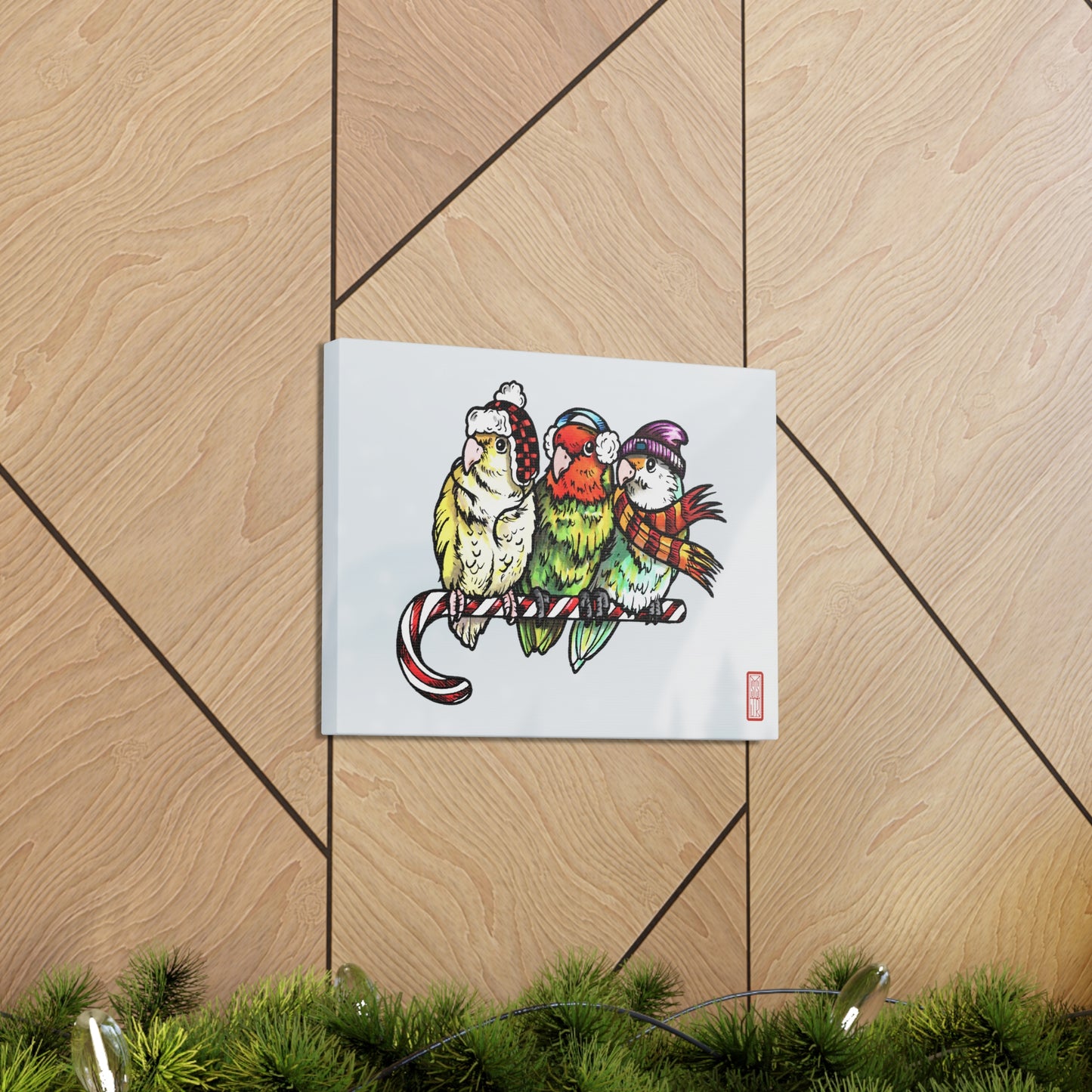 3 Lovebirds with Winter Wear & Perched on a Candy Cane, Canvas Wrap Wall Art