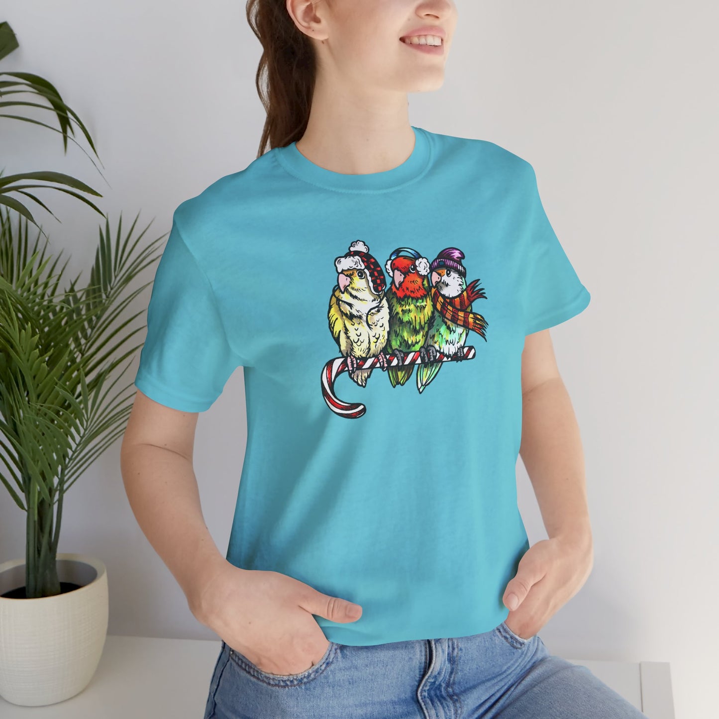 3 Lovebirds in Winter Wear & Perched on a Candy Cane, Tee