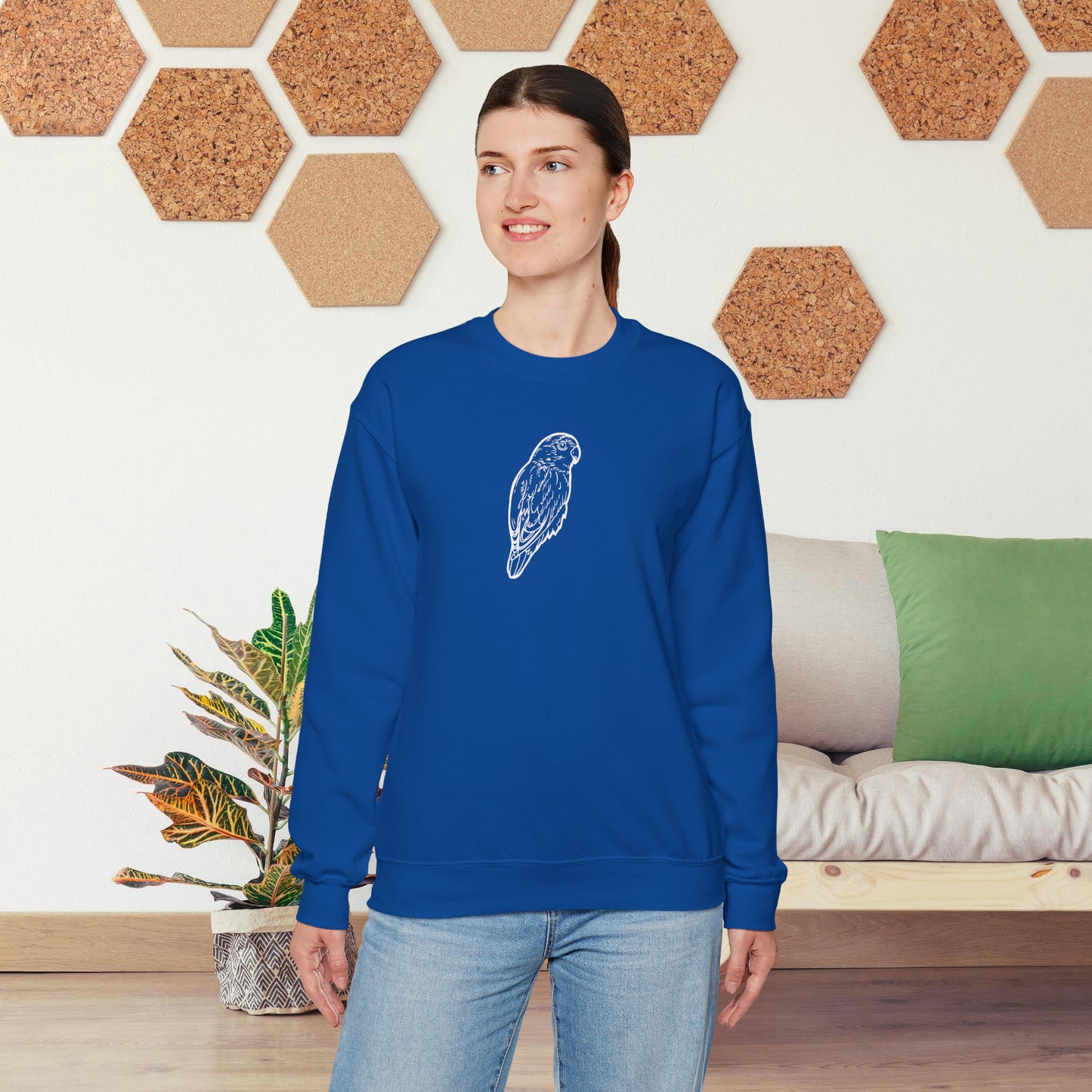 Cuddly Lovebird, sudadera con cuello redondo y arte lineal