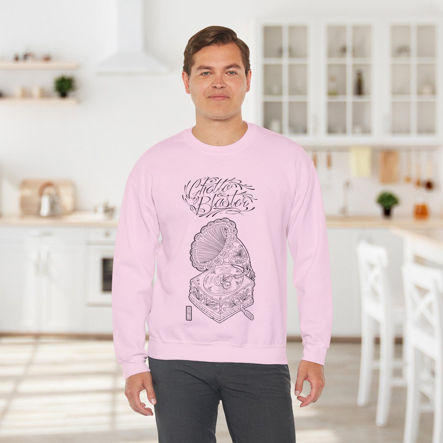 Ghetto Blaster, sudadera con cuello redondo y arte lineal