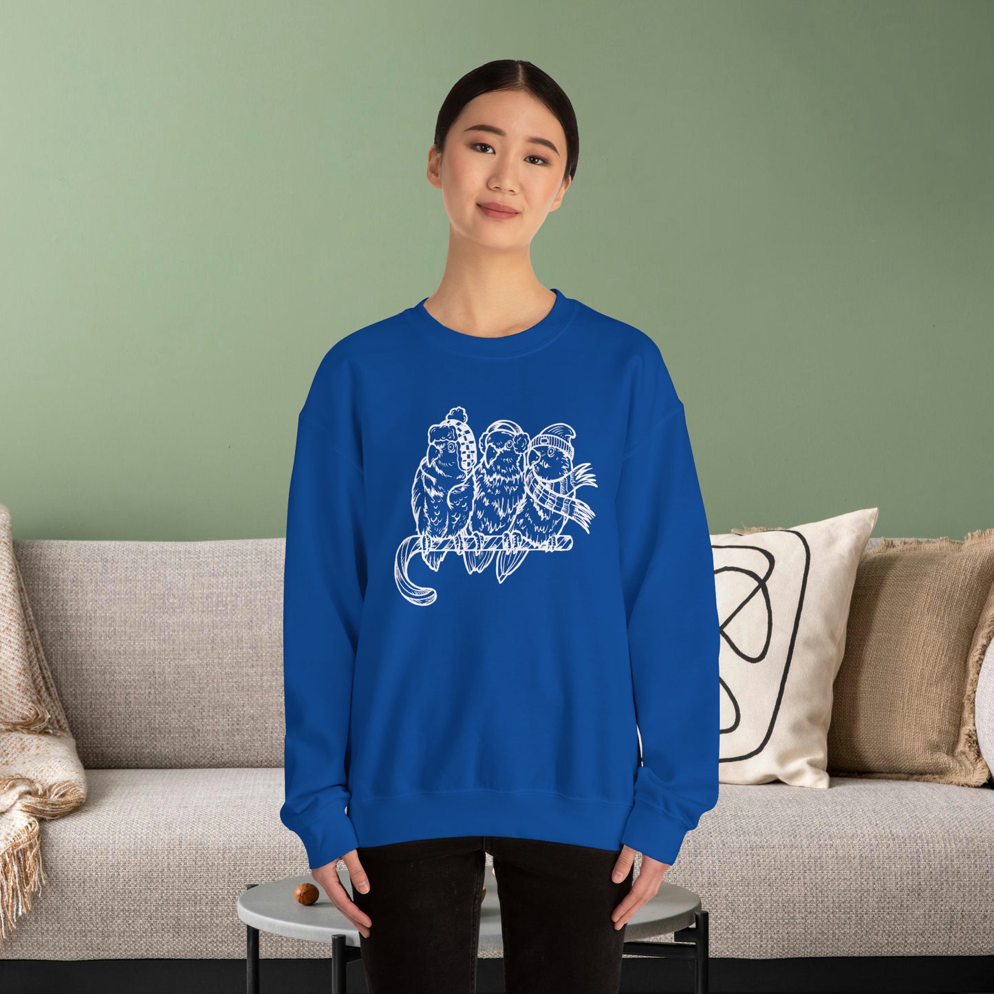 3 Lovebirds with Winter Wear & Perched on a Candy Cane, Line Art Crew Neck Sweatshirt