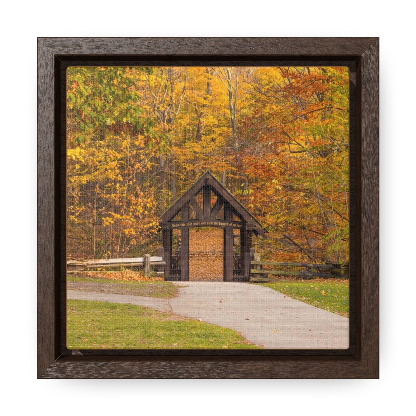 Seven Bridges Trail’s Covered Bridge at Grant Park in South Milwaukee Wisconsin, Photography Square Framed Canvas Wrap Wall Art