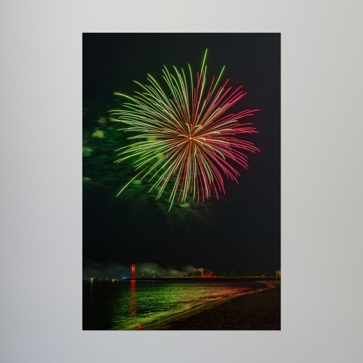 Green & Pink 4th of July Fireworks over Kenosha Pier Light Rolled Poster