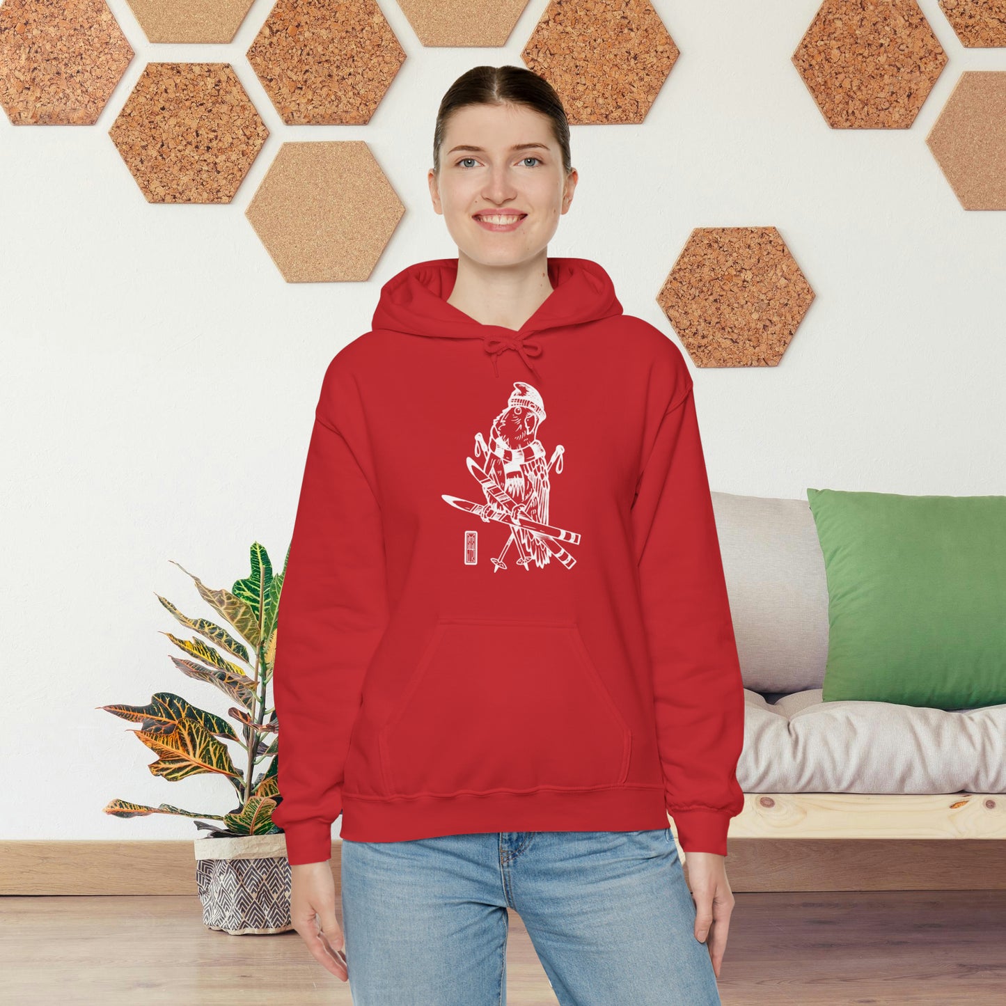 Lovebird Goes Skiing, Line Art Hoodie